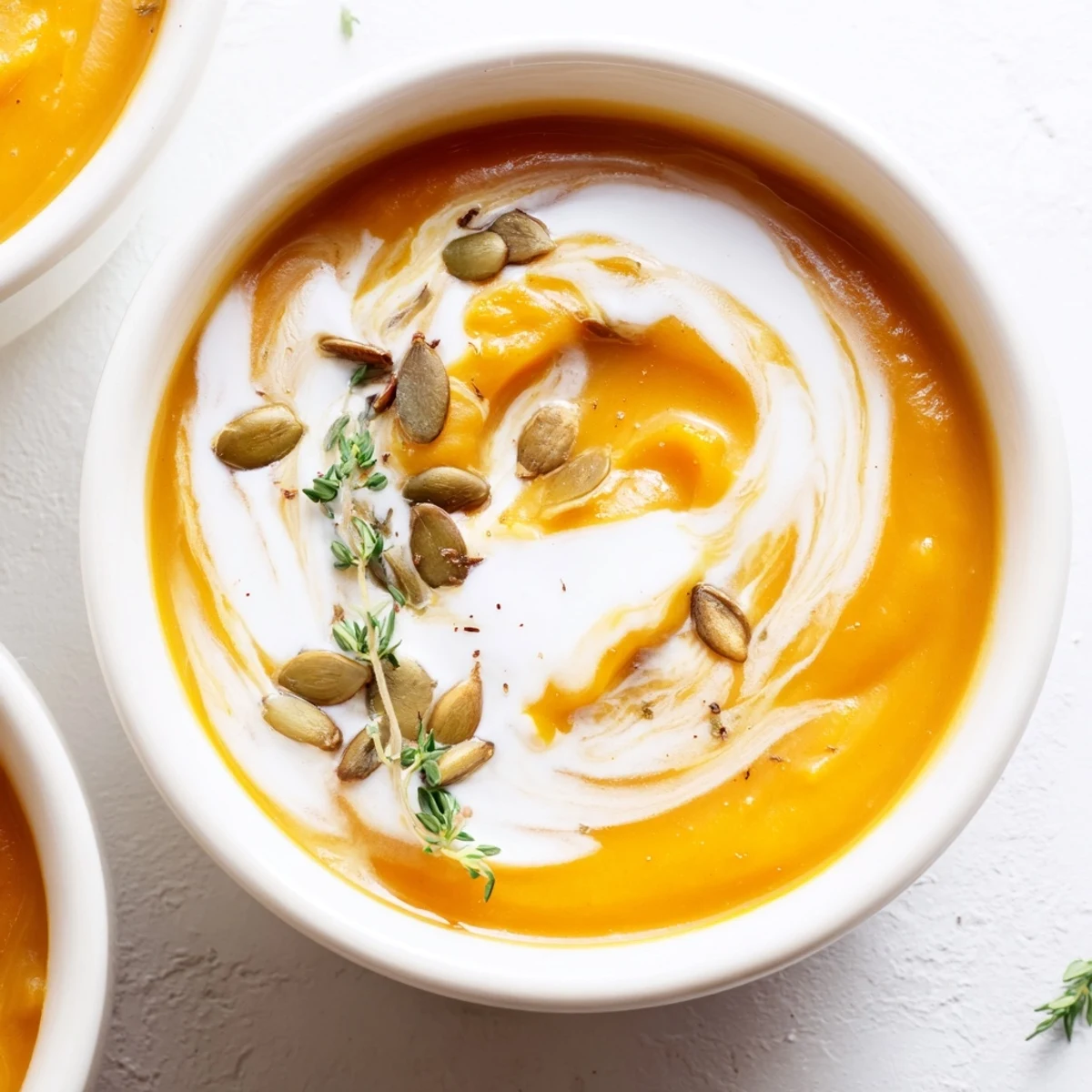 Golden roasted butternut squash soup served with crusty bread on rustic wooden table