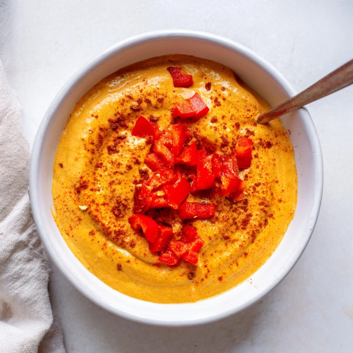 Smooth vegan nacho cashew cheese sauce served warm in a rustic bowl alongside fresh vegetable crudités