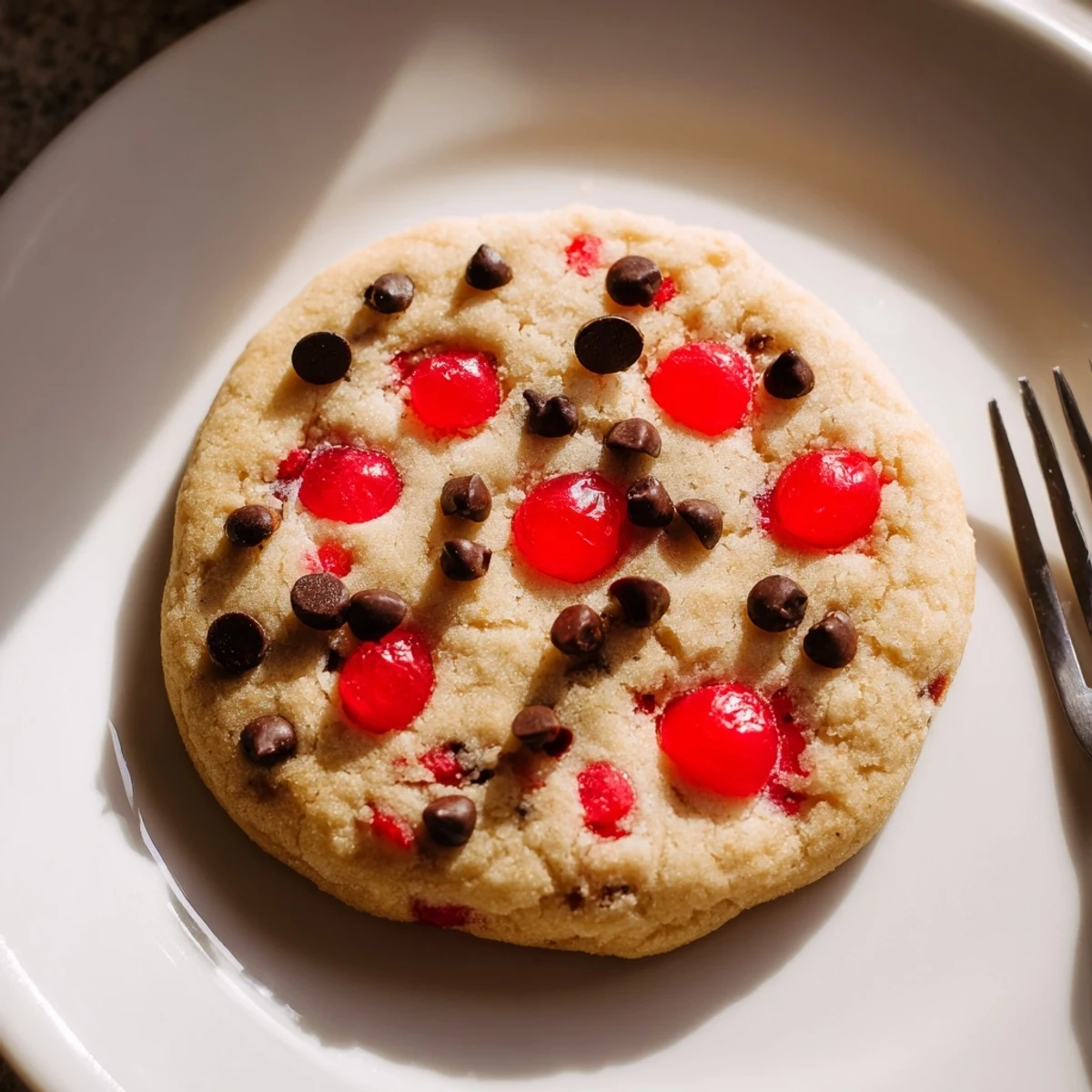 Golden brown Christmas Maraschino Cherry Shortbread cookies studded with bright red cherries on a white serving plate.
