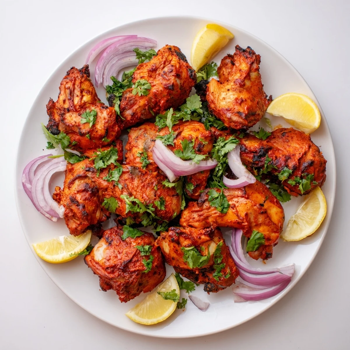 Roasted tandoori chicken served with lemon wedges and sliced red onions on white platter