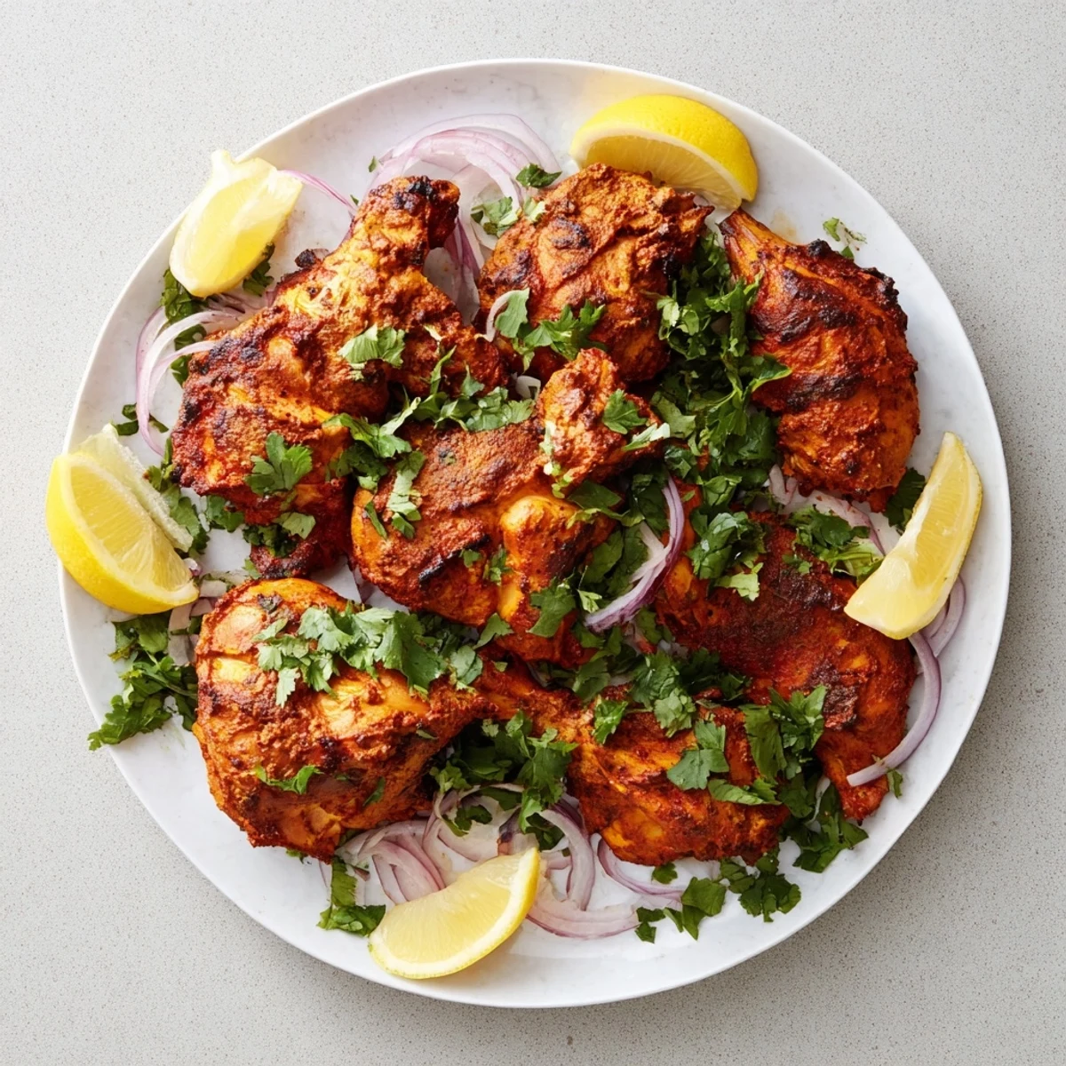 Golden charred tandoori chicken pieces resting on a platter with fresh cilantro garnish