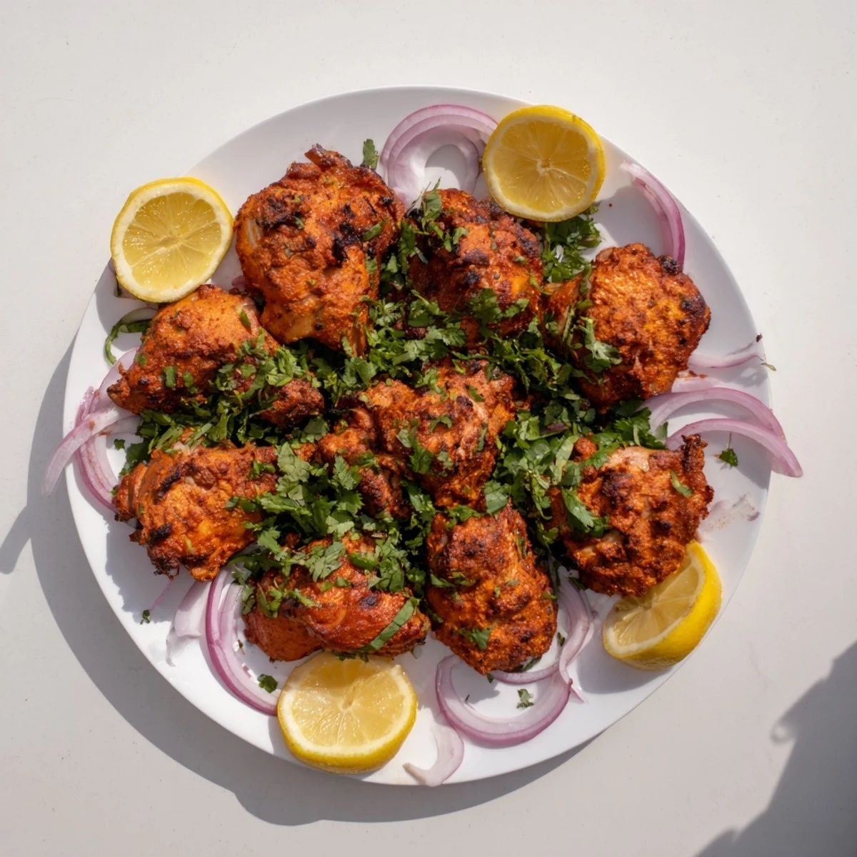Succulent yogurt-marinated tandoori chicken with smoky char marks and vibrant red spice coating