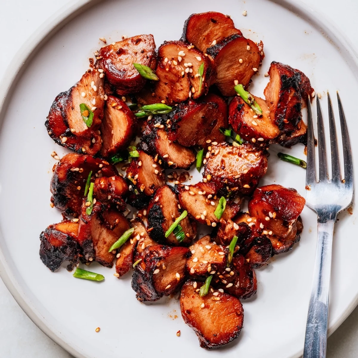 Golden glazed authentic char siu chicken sliced and garnished with fresh green onions and sesame seeds