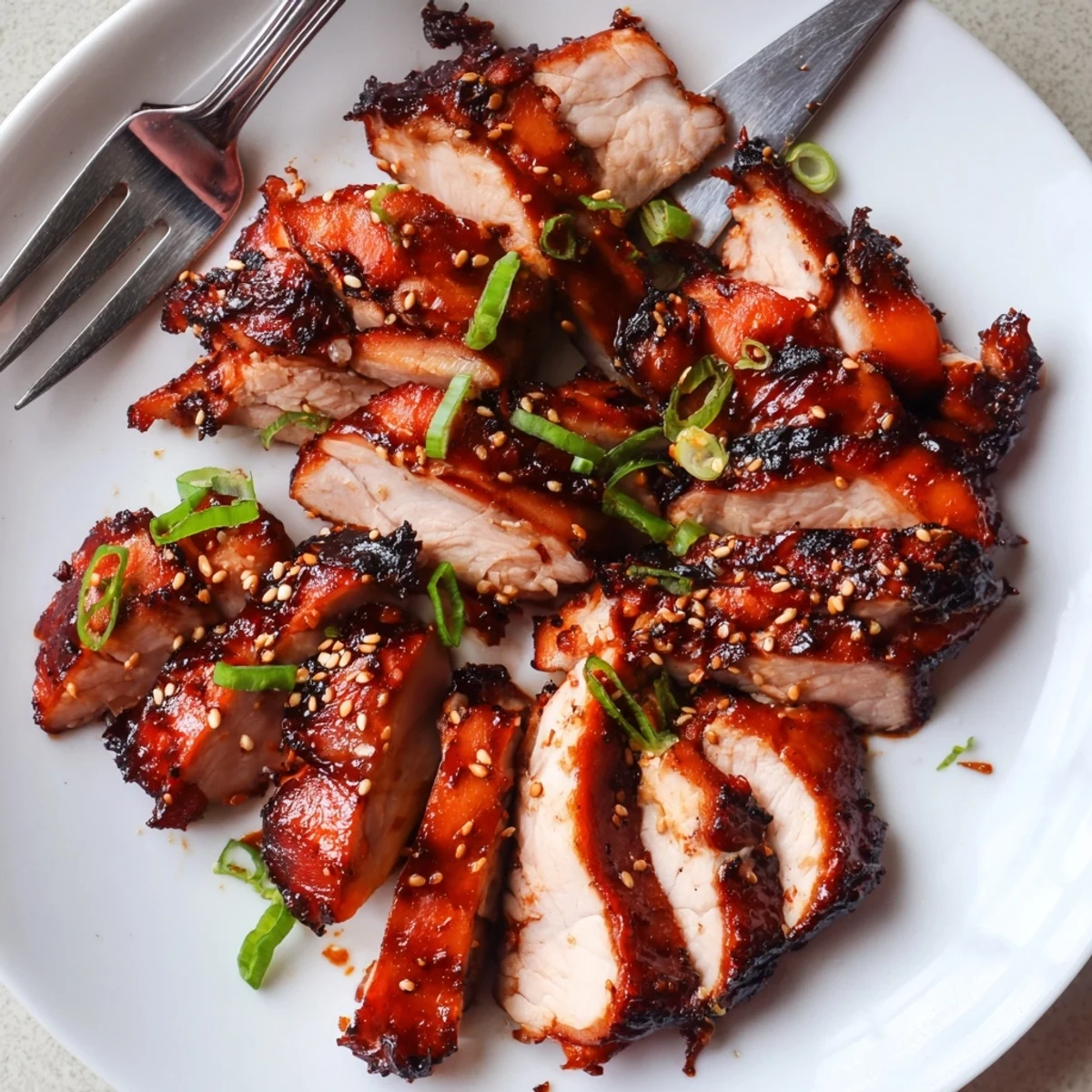 Juicy roasted char siu chicken pieces displaying rich caramelized edges and shiny sweet sauce coating