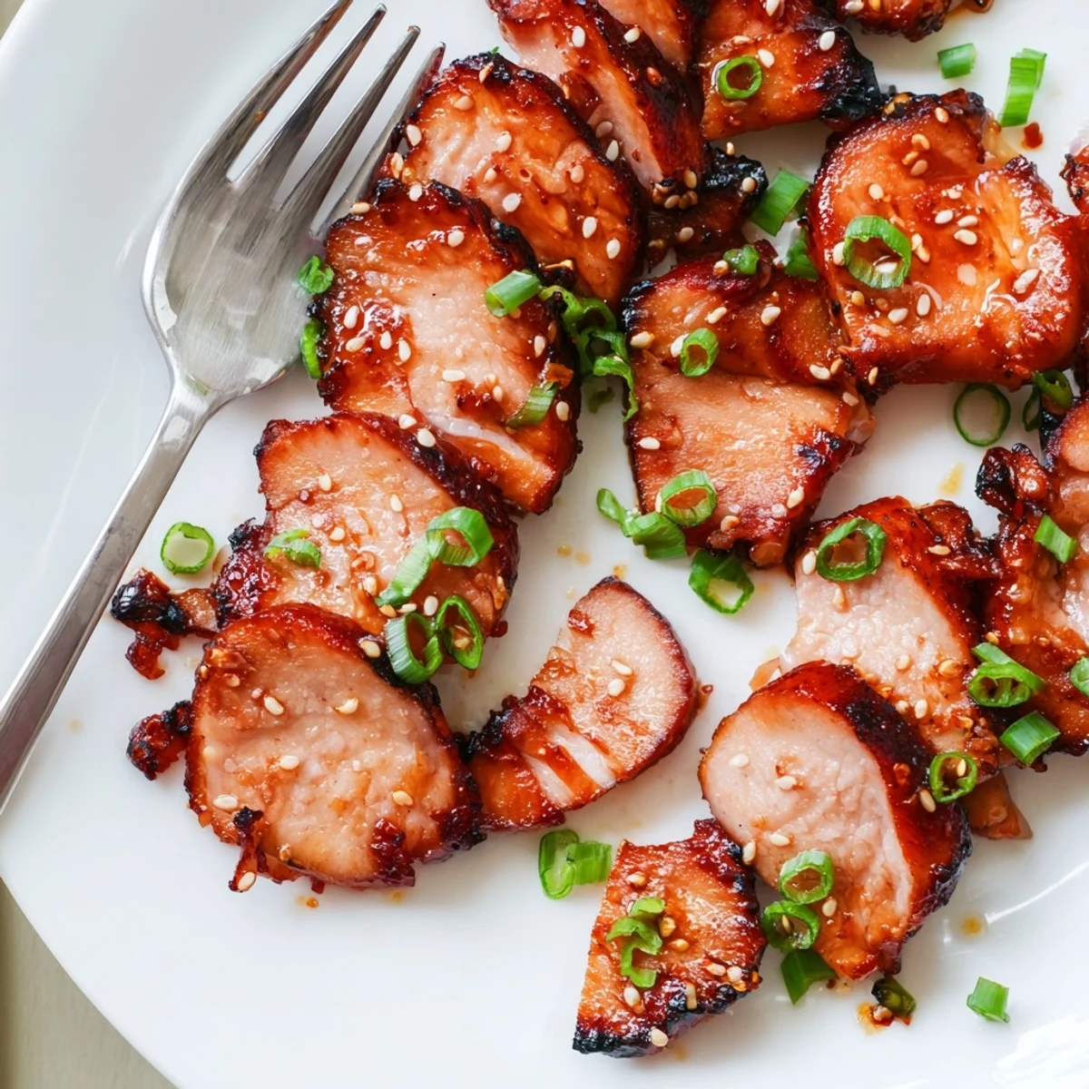Whole baked char siu chicken thighs glistening with aromatic marinade on a wire rack
