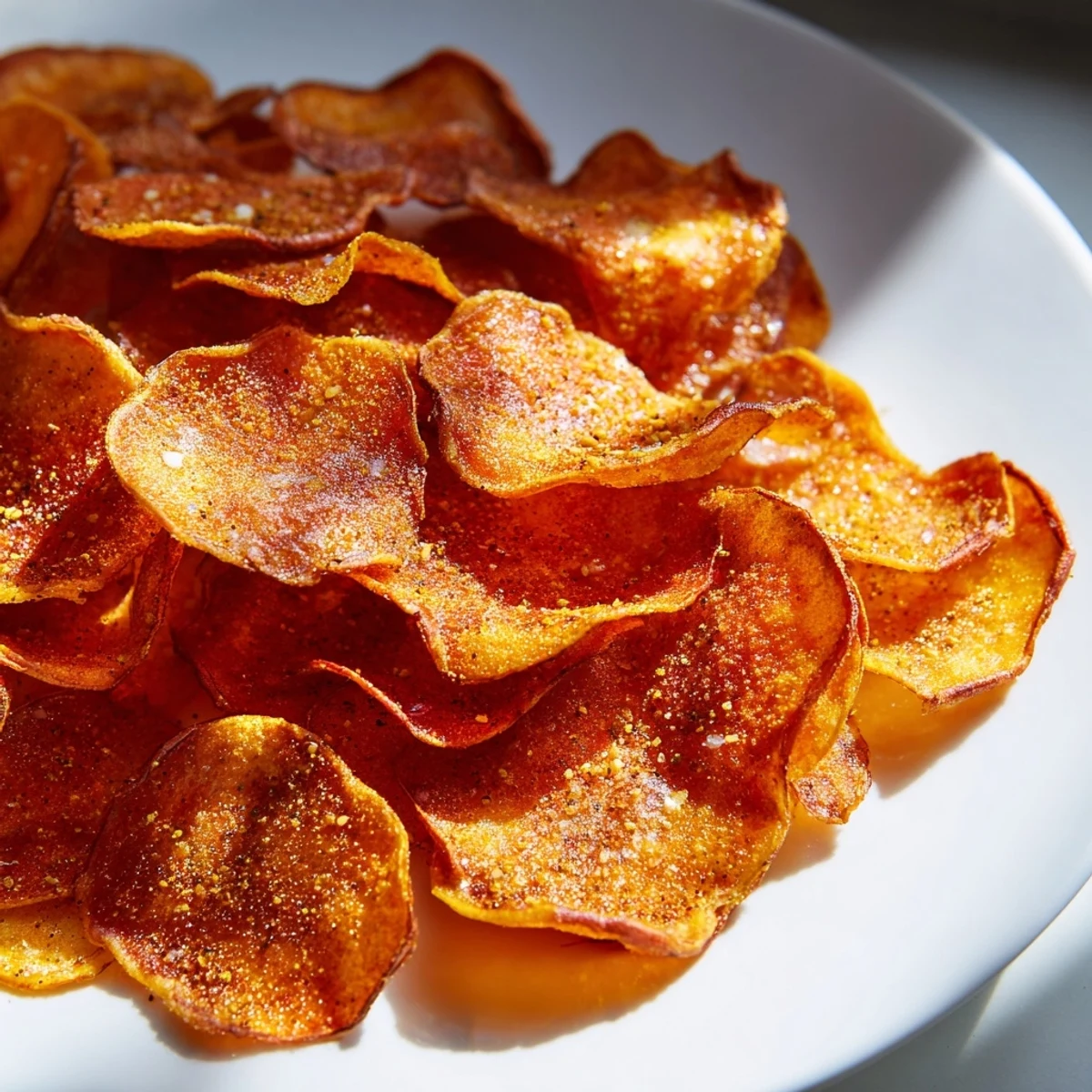 Golden brown air fryer radish chips arranged on a white serving plate, lightly seasoned with sea salt and black pepper.