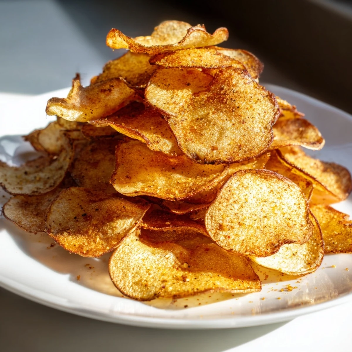 Crispy low-carb radish chips piled high in a wooden bowl, showcasing their golden edges and airy texture.