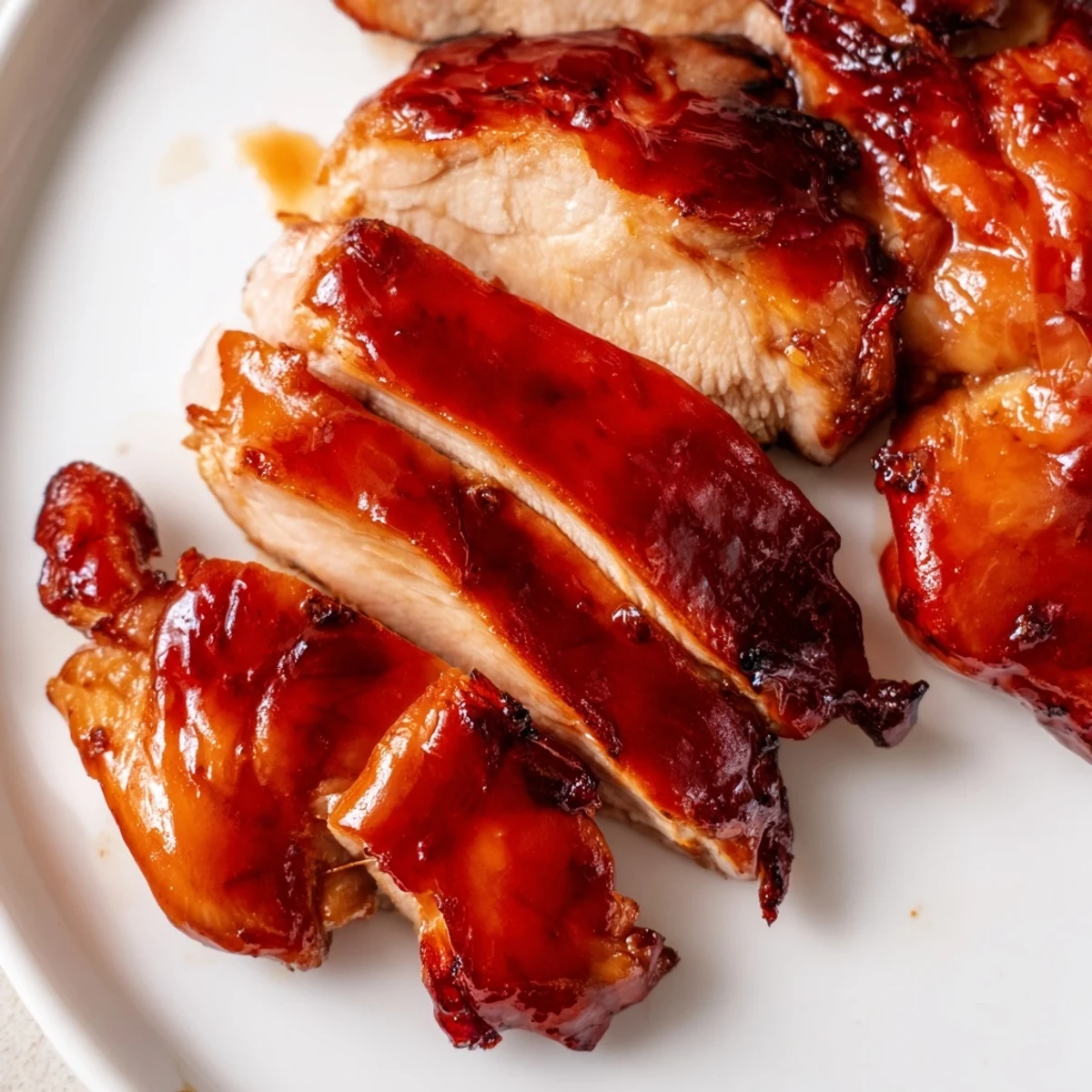 Golden glazed Char Siu chicken thighs with caramelized edges and sticky honey barbecue coating