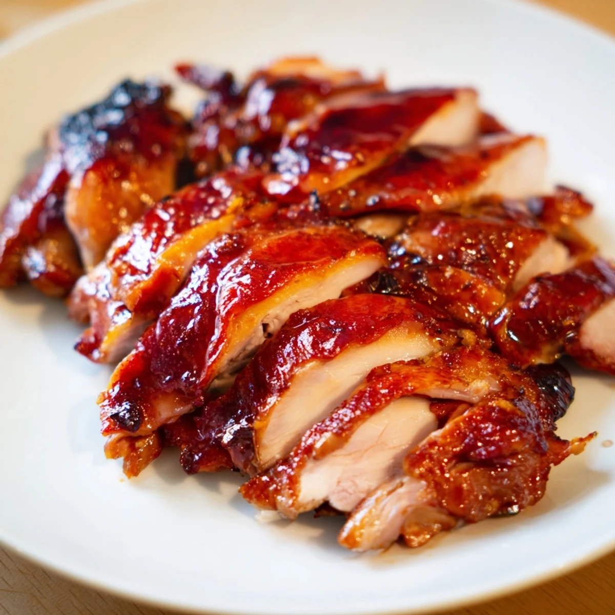 Sliced Cantonese Char Siu chicken served over steamed white rice with tender grilled texture