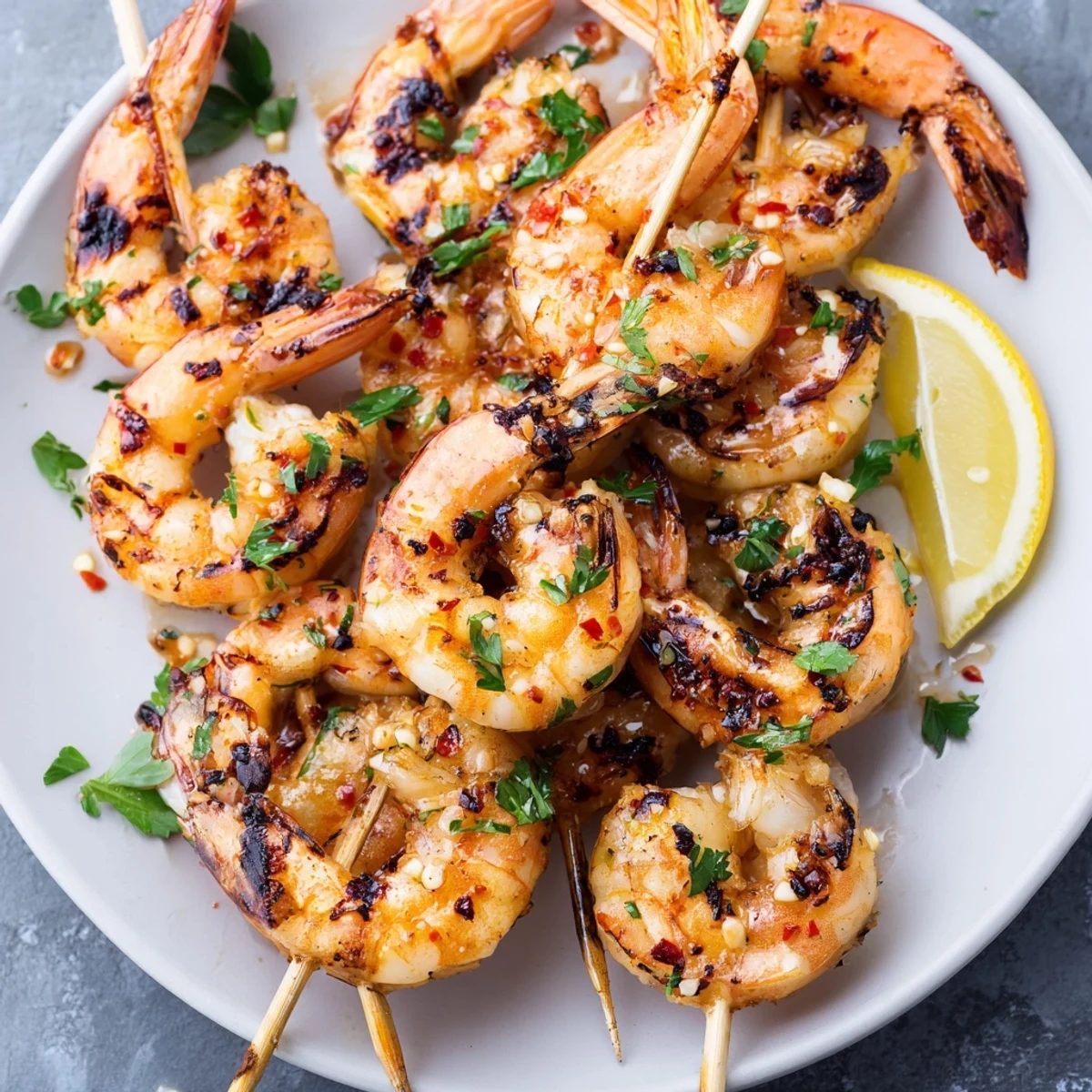 Marinated Grilled Shrimp sizzling on grill skewers, bright lemon wedges nearby