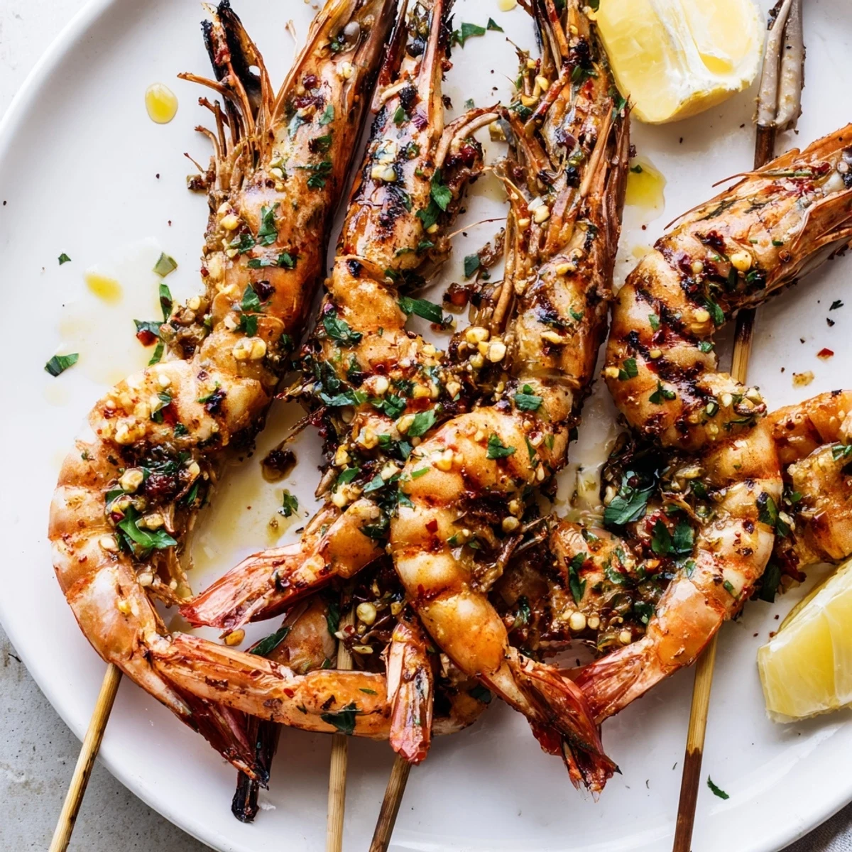 Zesty Marinated Grilled Shrimp skewers served over rice with lemon wedges