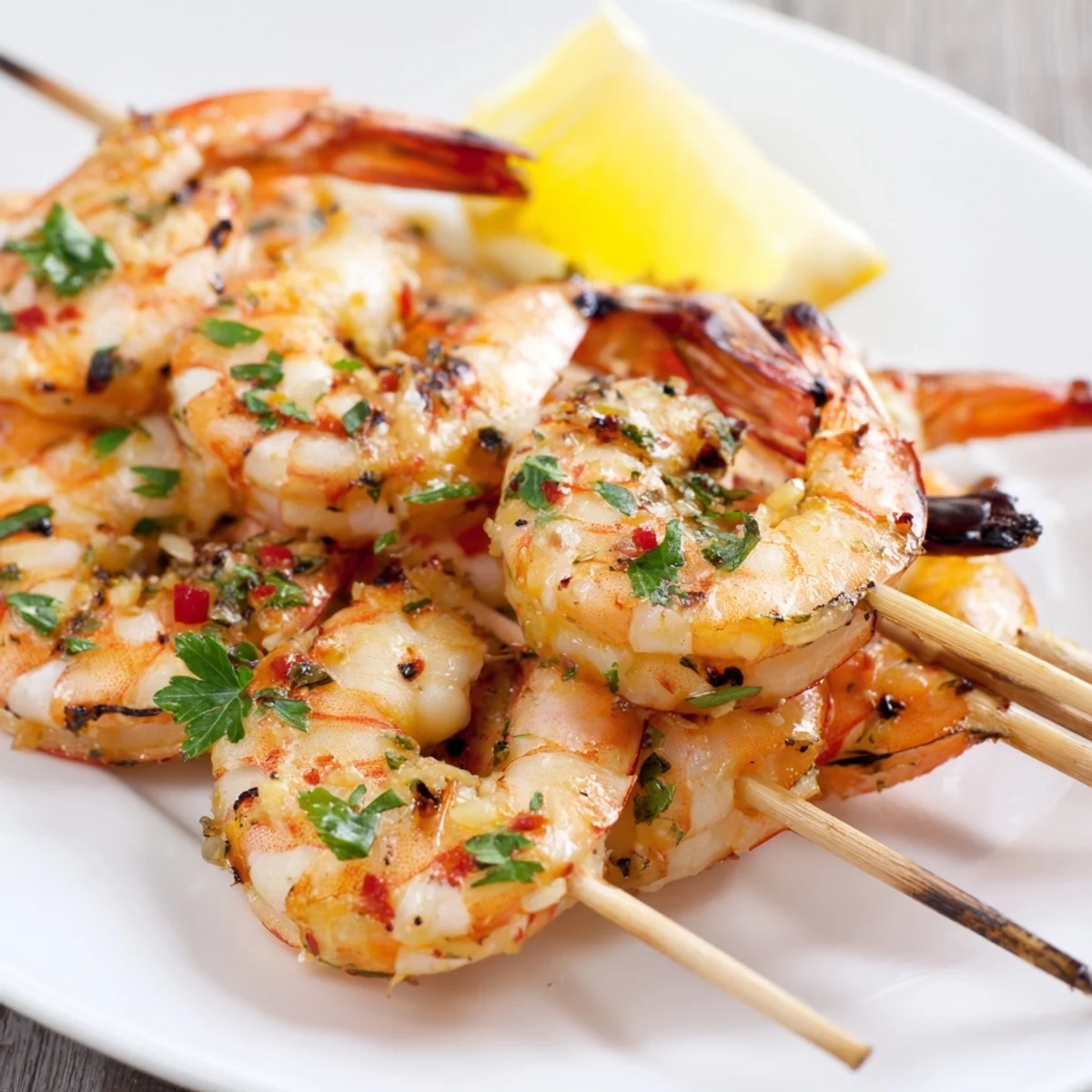 Plump Marinated Grilled Shrimp brushed with garlic-lemon marinade, garnished with parsley
