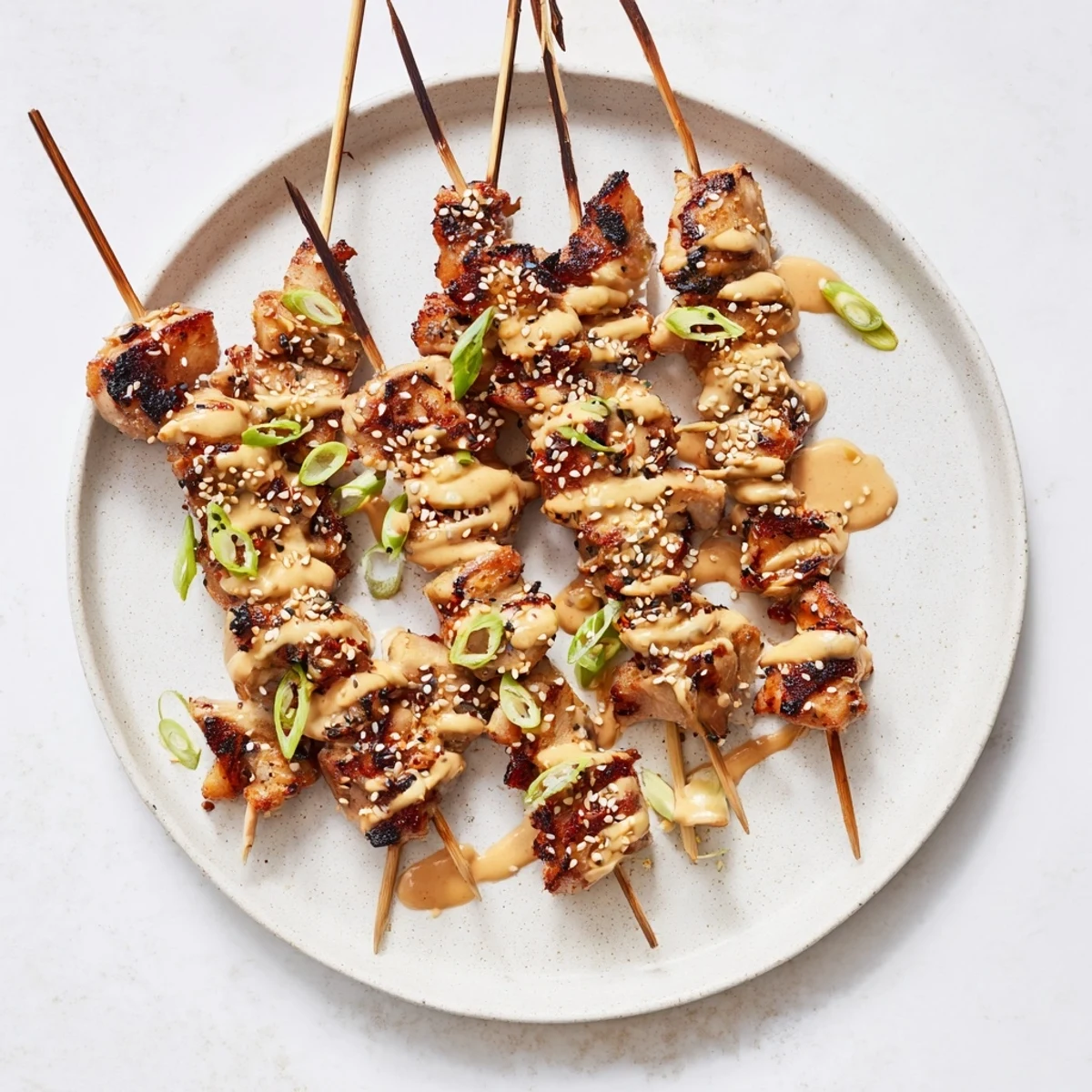 Charred Bang Bang chicken skewers coated in sweet chili mayonnaise sauce for serving