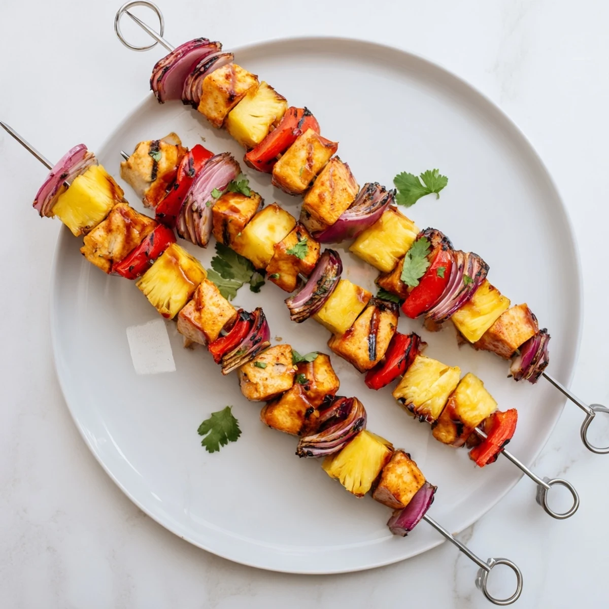 Golden grilled pineapple chicken kabobs threaded with colorful bell peppers and red onion on skewers