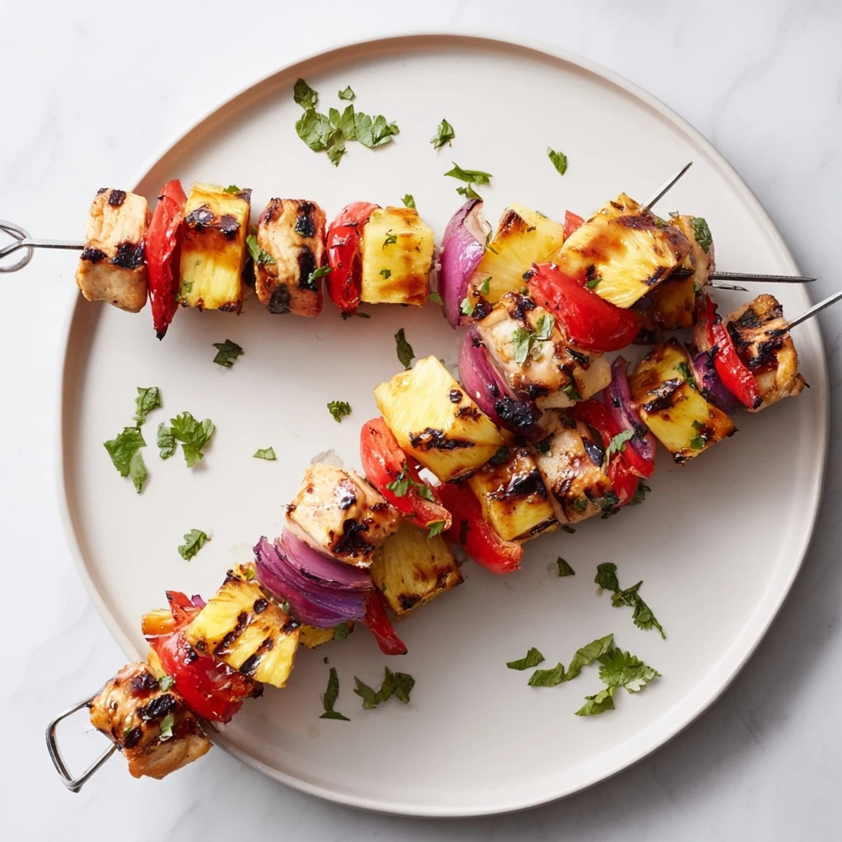 Tender marinated chicken and caramelized pineapple chunks grilled to perfection on metal skewers with fresh herbs