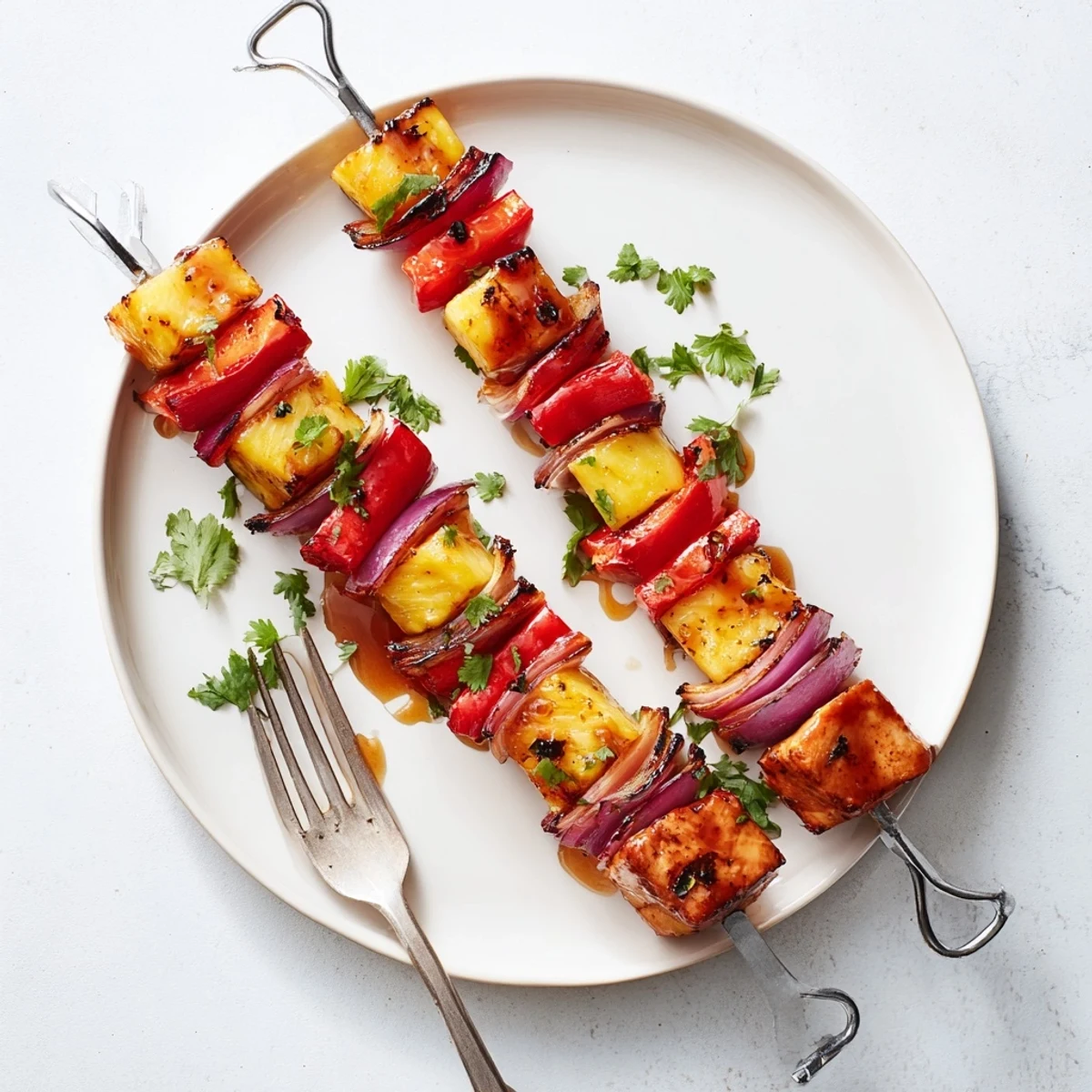 Savory sweet pineapple chicken kabobs featuring juicy grilled fruit and charred vegetables ready for summer dinner