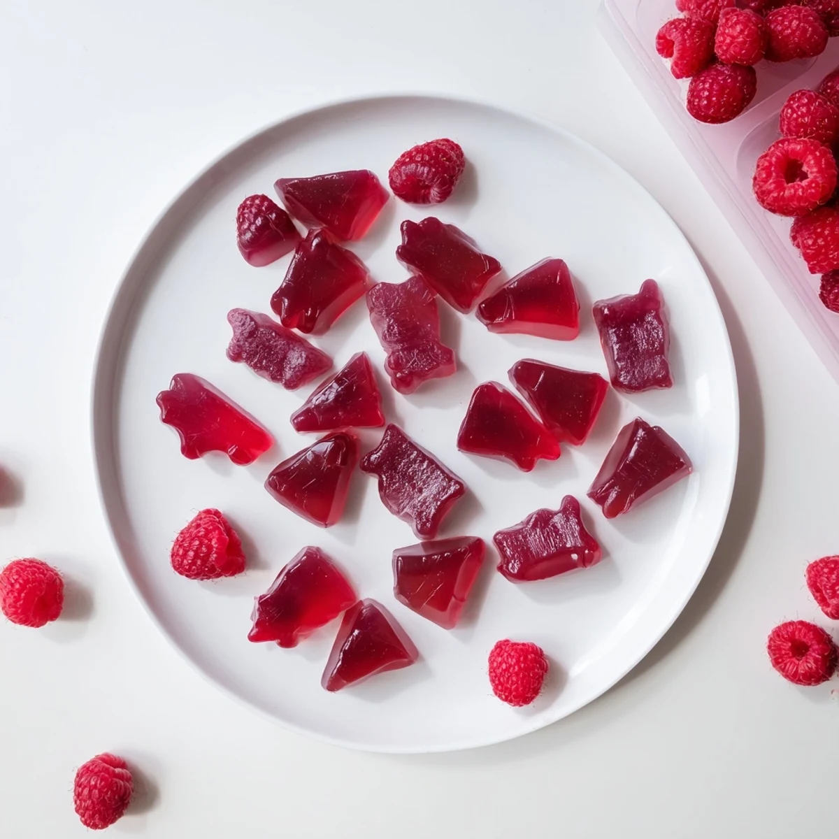 Chewy homemade raspberry gummy snacks arranged on a white plate, showcasing their vibrant red color and translucent texture