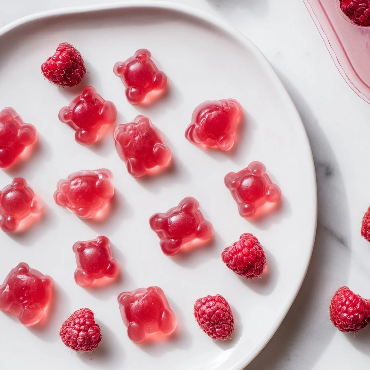 Soft and fruity homemade raspberry gummy snacks glistening with natural berry juice, perfect for wholesome snacking