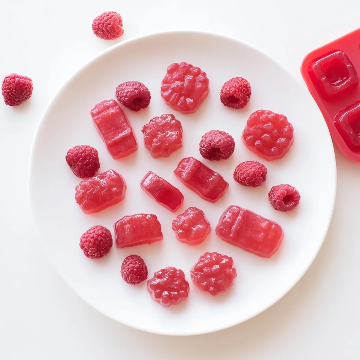 Fresh homemade raspberry gummy snacks cooling in silicone molds, ready for a healthy lunchbox treat or snack