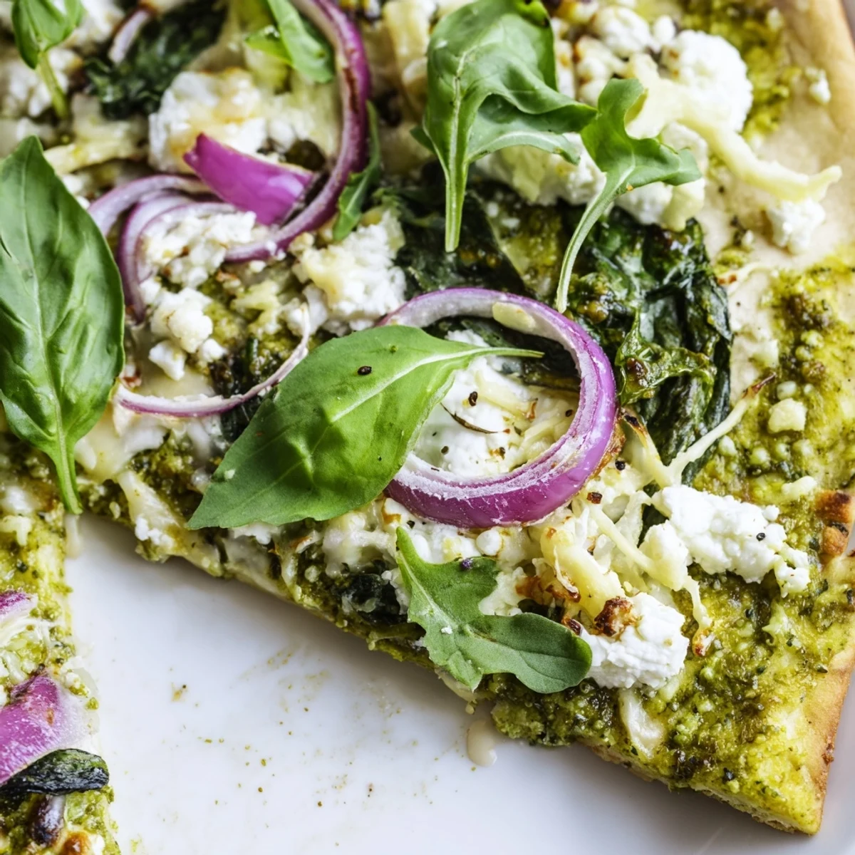 Golden homemade green pizza with vibrant broccoli pesto, melted mozzarella, and fresh arugula topping