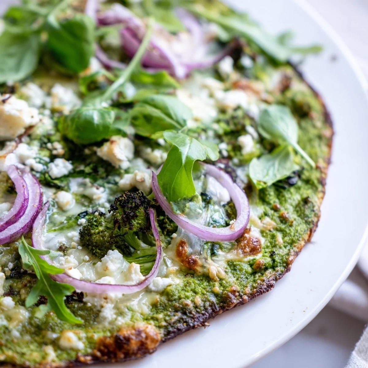 Savory broccoli pesto pizza baked with bubbling cheese, red onion, and tender baby spinach leaves