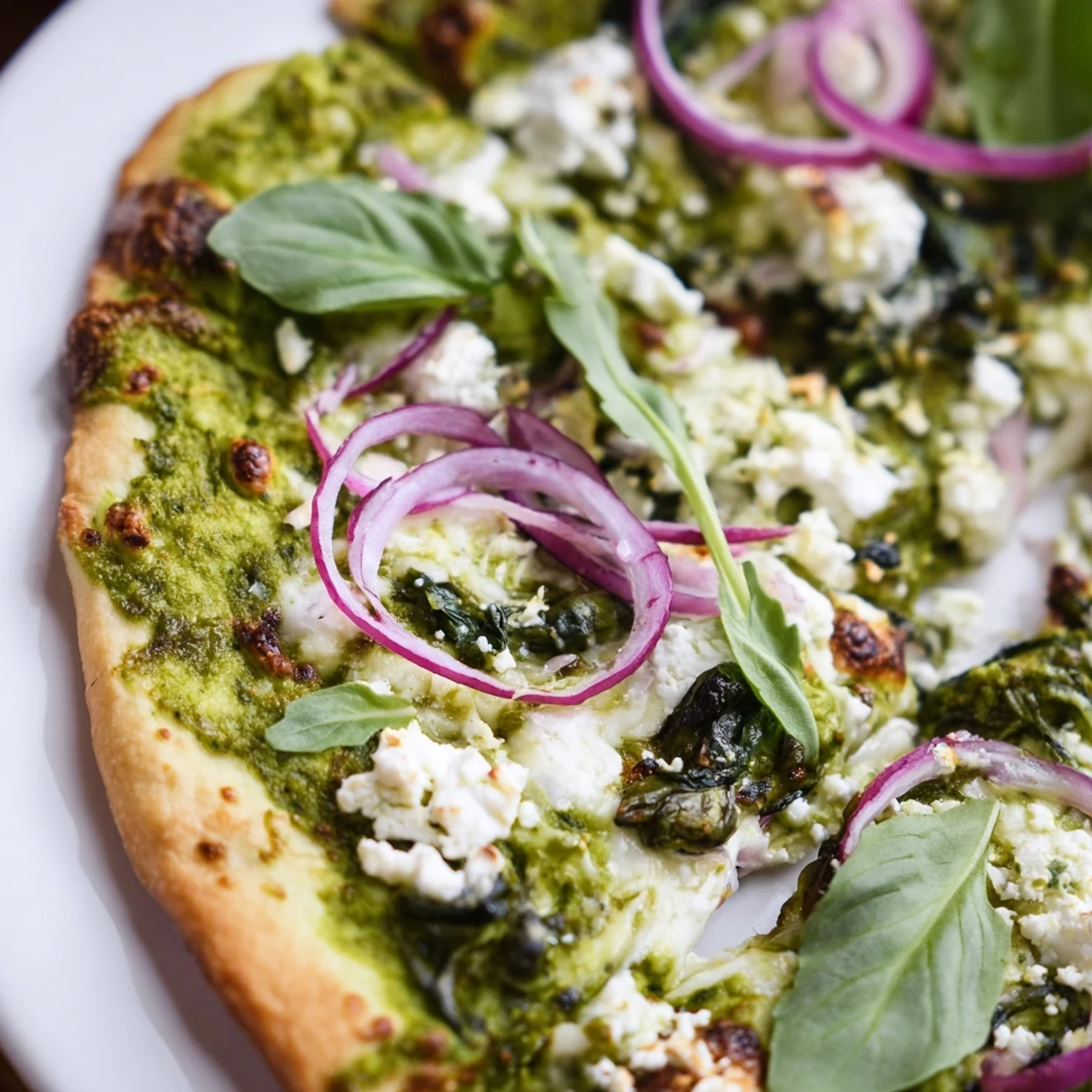 Vegetarian green pizza featuring zesty broccoli pesto base topped with feta and fresh basil garnish