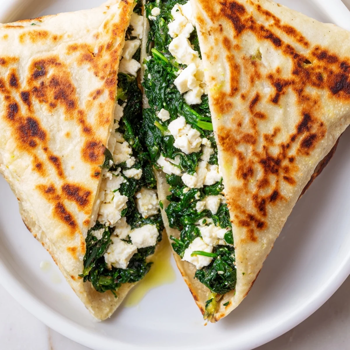 Golden Turkish gozleme with spinach and feta filling freshly cooked on a skillet