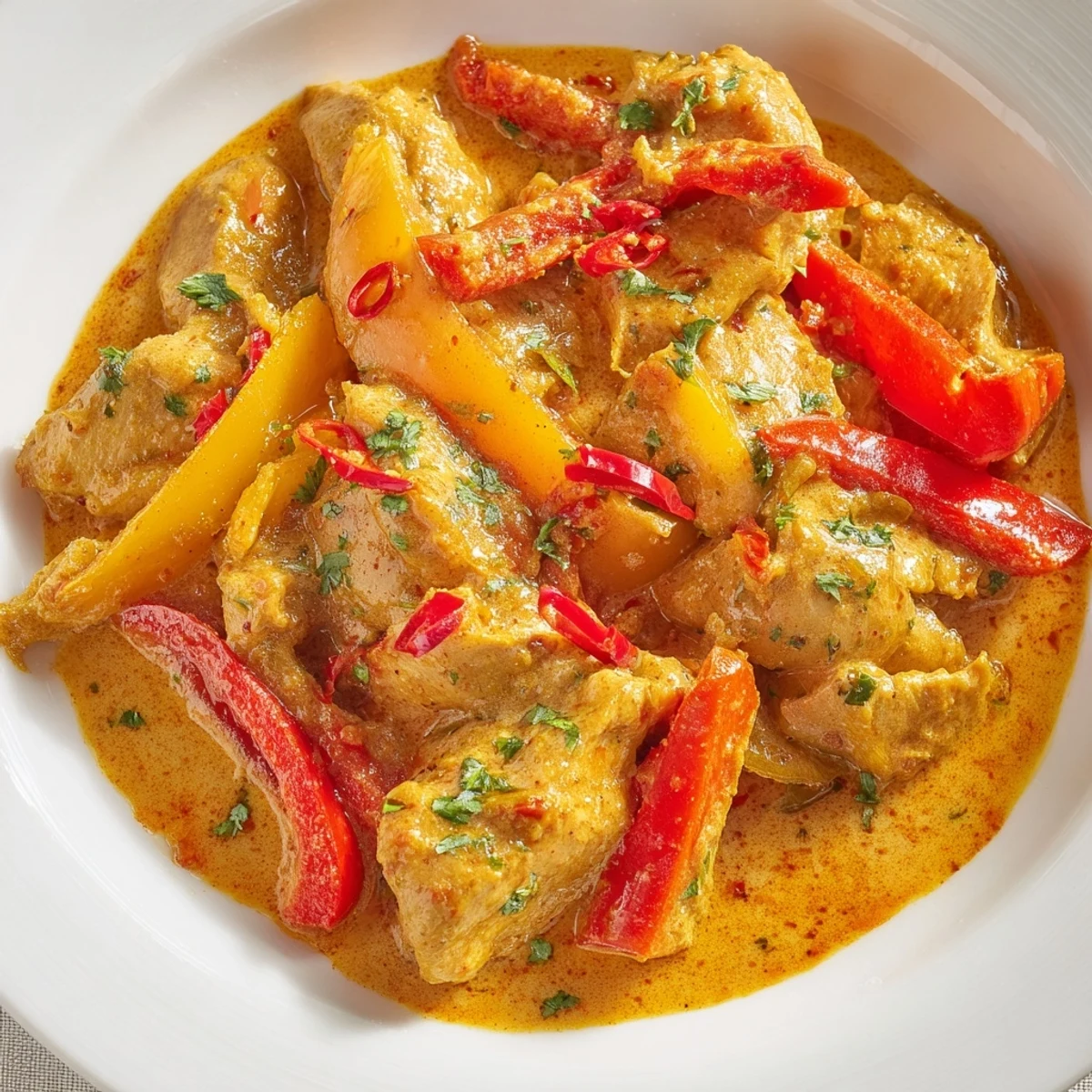 Golden spicy Brazilian coconut chicken pieces simmered in rich creamy sauce with colorful bell pepper slices