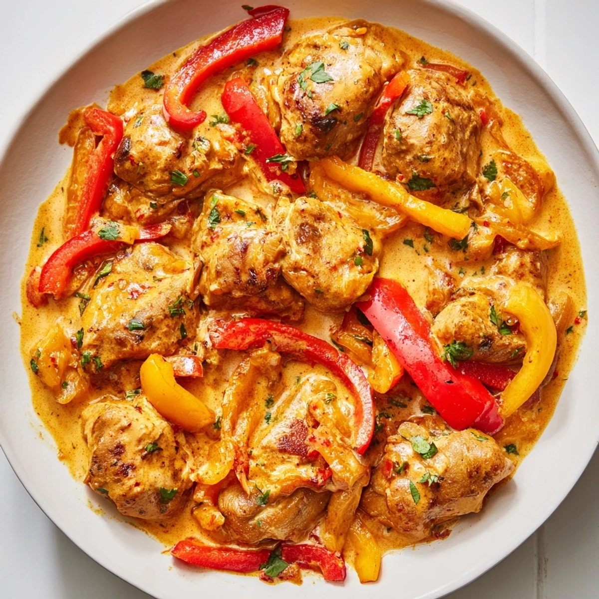 Tender chicken thighs swimming in aromatic coconut curry sauce garnished with fresh green cilantro and lime