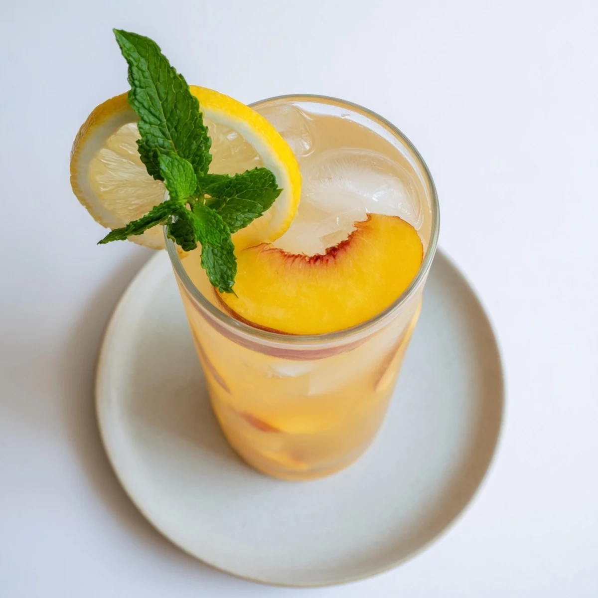 Golden fresh peach lemonade drink served in a clear glass with ice cubes and floating peach slices on a hot summer day.