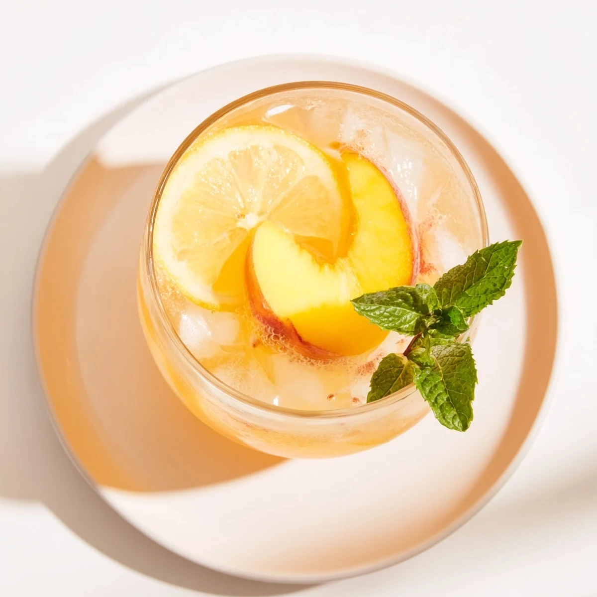 Refreshing glass of fresh peach lemonade drink garnished with mint leaves and lemon wedges, showcasing vibrant orange-yellow color.