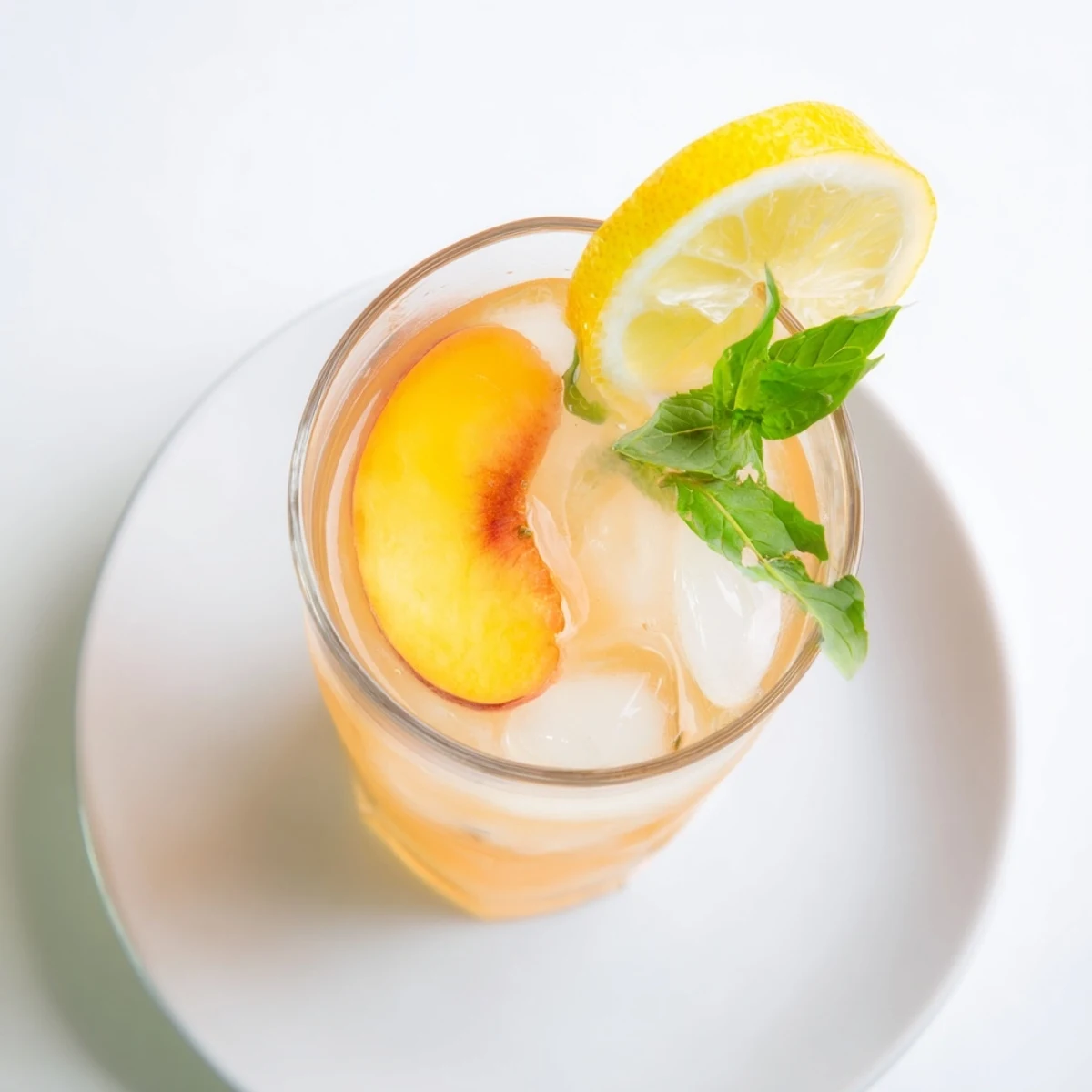 Tall pitcher filled with chilled fresh peach lemonade drink poured over ice, accented with fresh peach and lemon wheels.