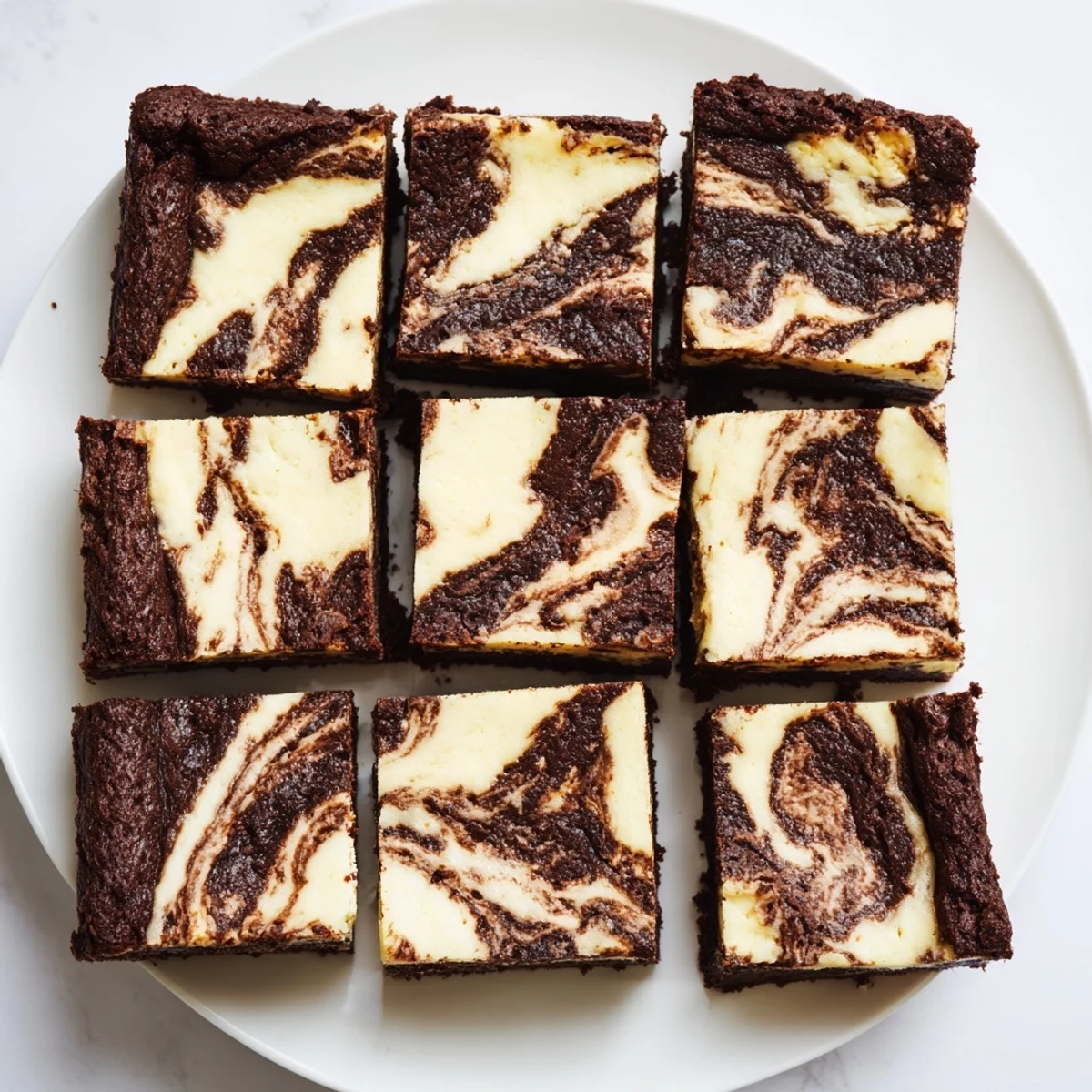 Sliced sourdough cheesecake brownie bars showing distinct chocolate and vanilla cream cheese layers on a white plate