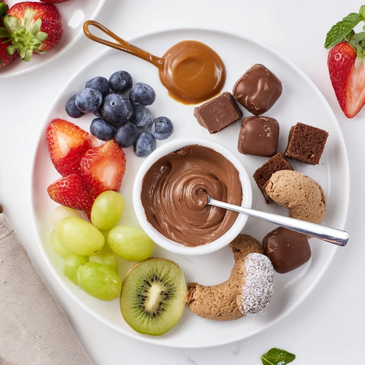 Dessert Charcuterie Board overflowing with colorful fruit, chocolates, and dipping sauces.