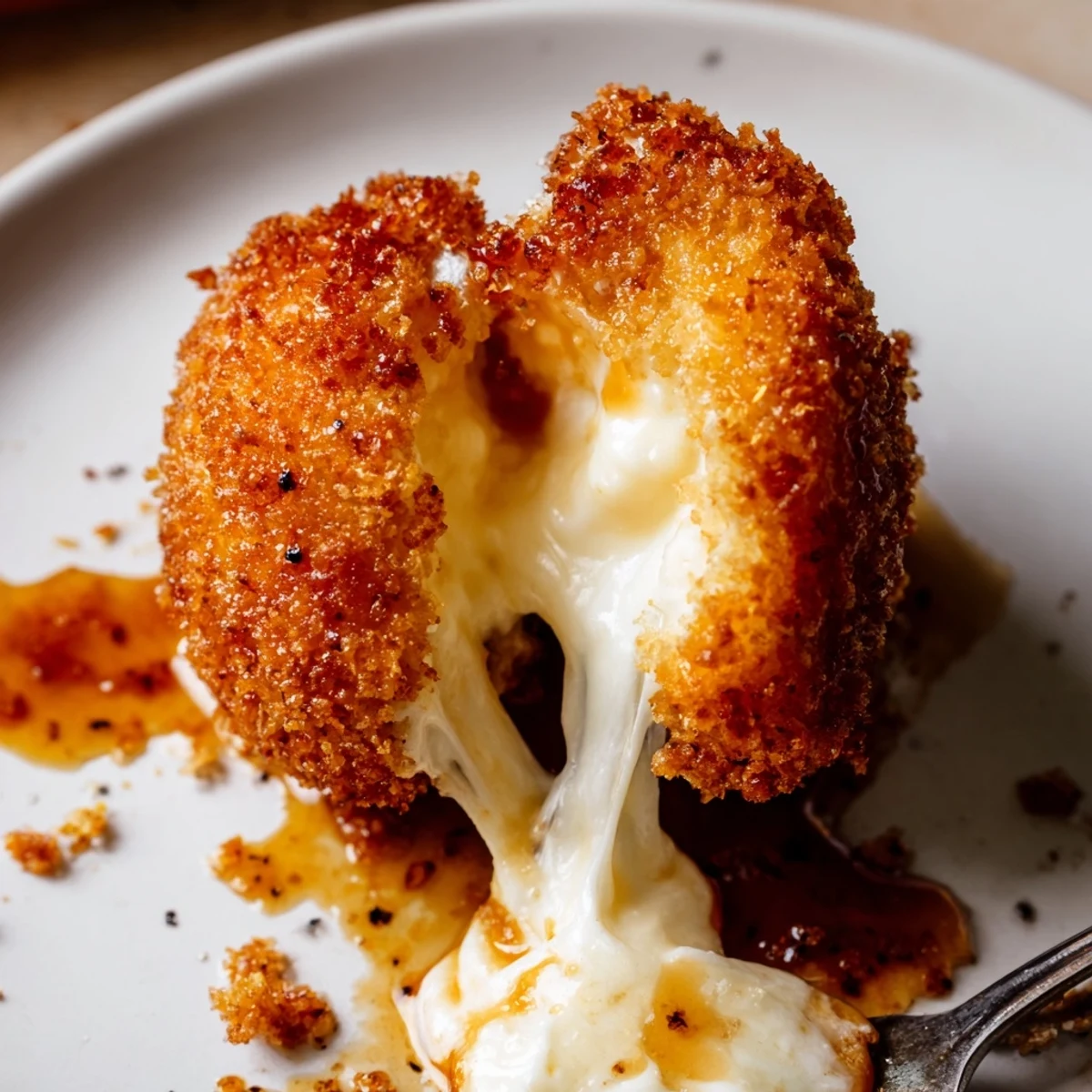 Warm Irresistible Crispy Mozzarella Poppers With Maple Glaze drizzled, served alongside napkins for sharing