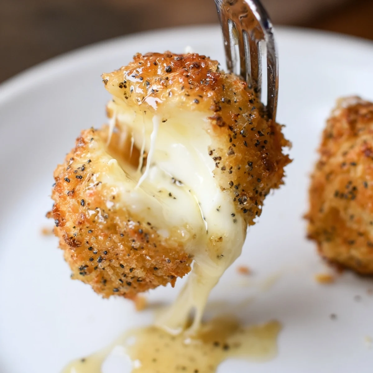 Plate of Irresistible Crispy Mozzarella Poppers With Maple Glaze, smoky-sweet glaze pooling, steam