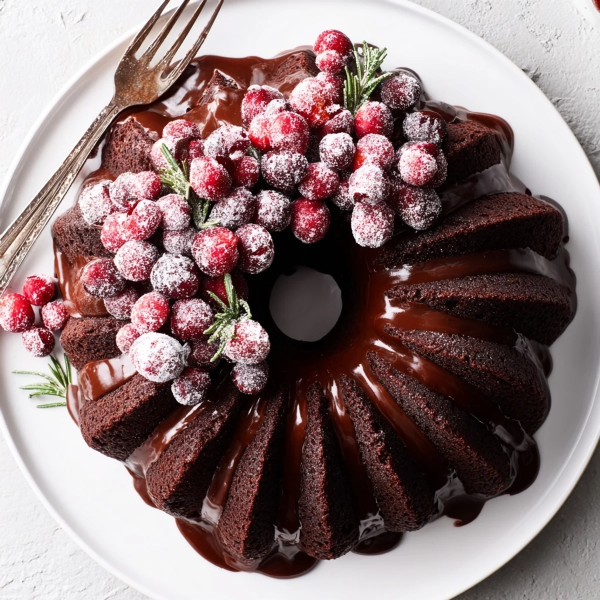 A Chocolate Bundt Cake Christmas Wreath garnished with rosemary sprigs and powdered sugar