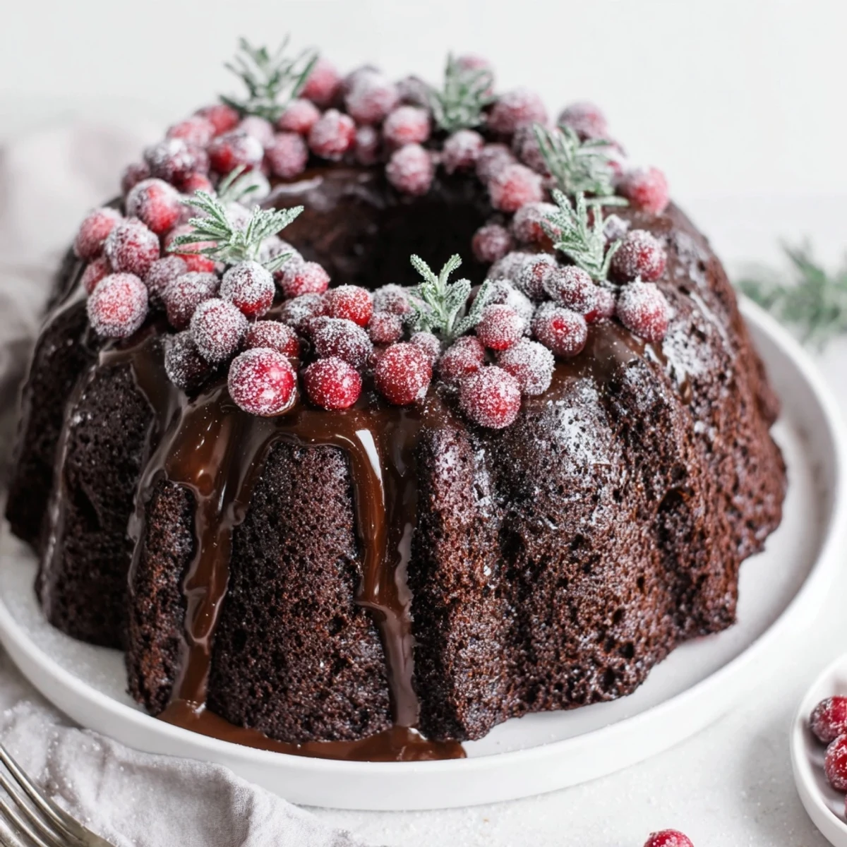Chocolate Bundt Cake Christmas Wreath glazed in glossy chocolate, studded with cranberries