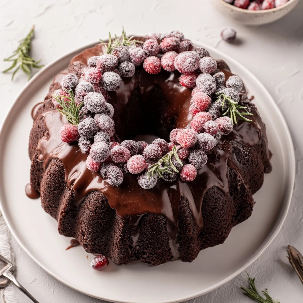 Slice of Chocolate Bundt Cake Christmas Wreath beside steaming mug of cocoa