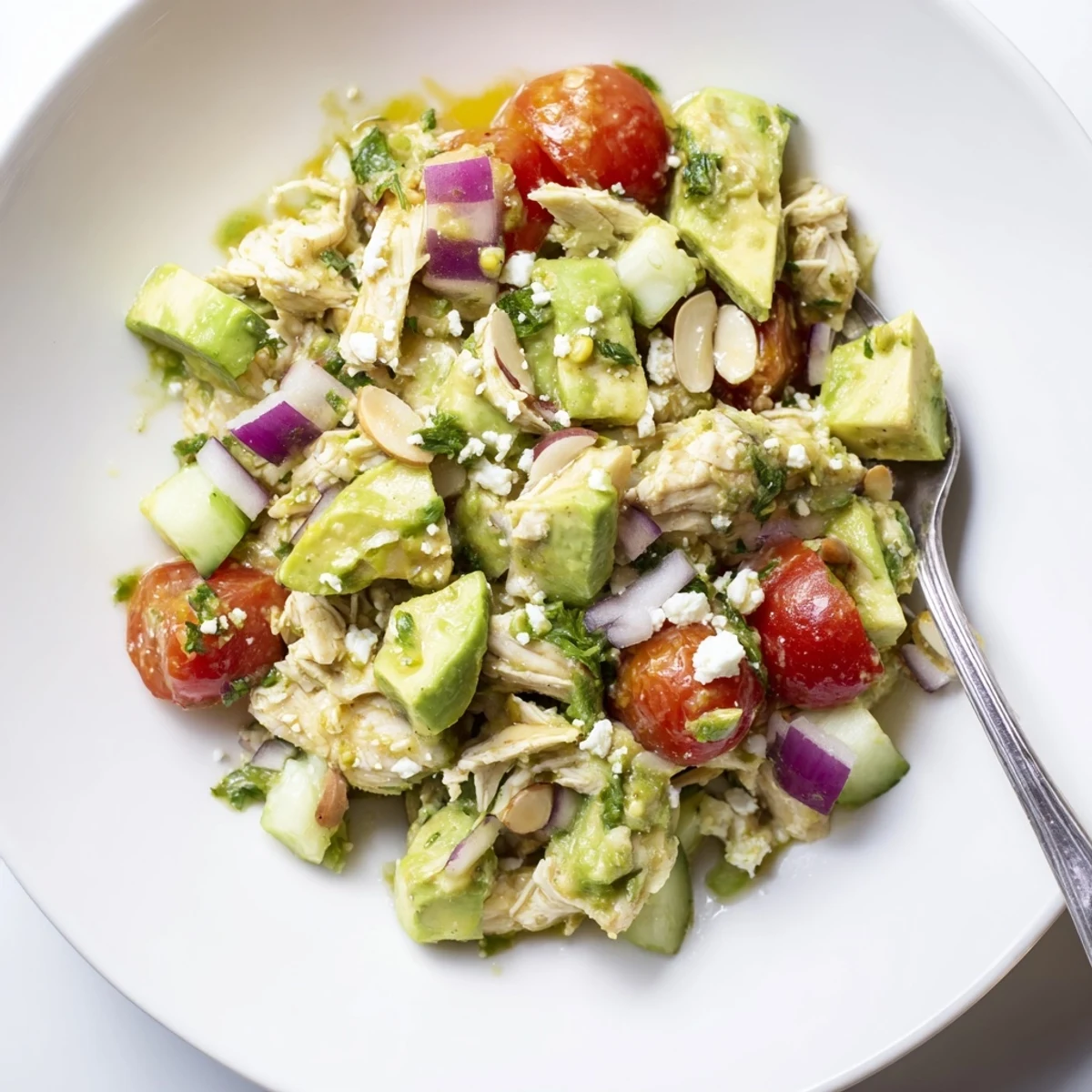 Bright Avocado Chicken Salad studded with cherry tomatoes, crisp cucumber, cilantro.