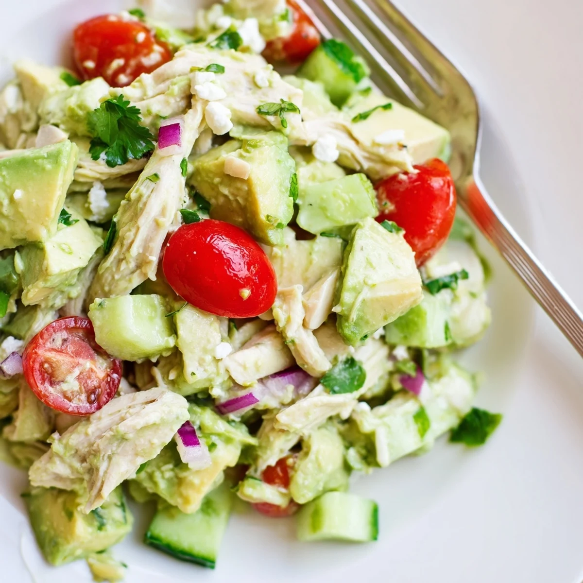 Avocado Chicken Salad with creamy texture, tender chicken, bright lime dressing.