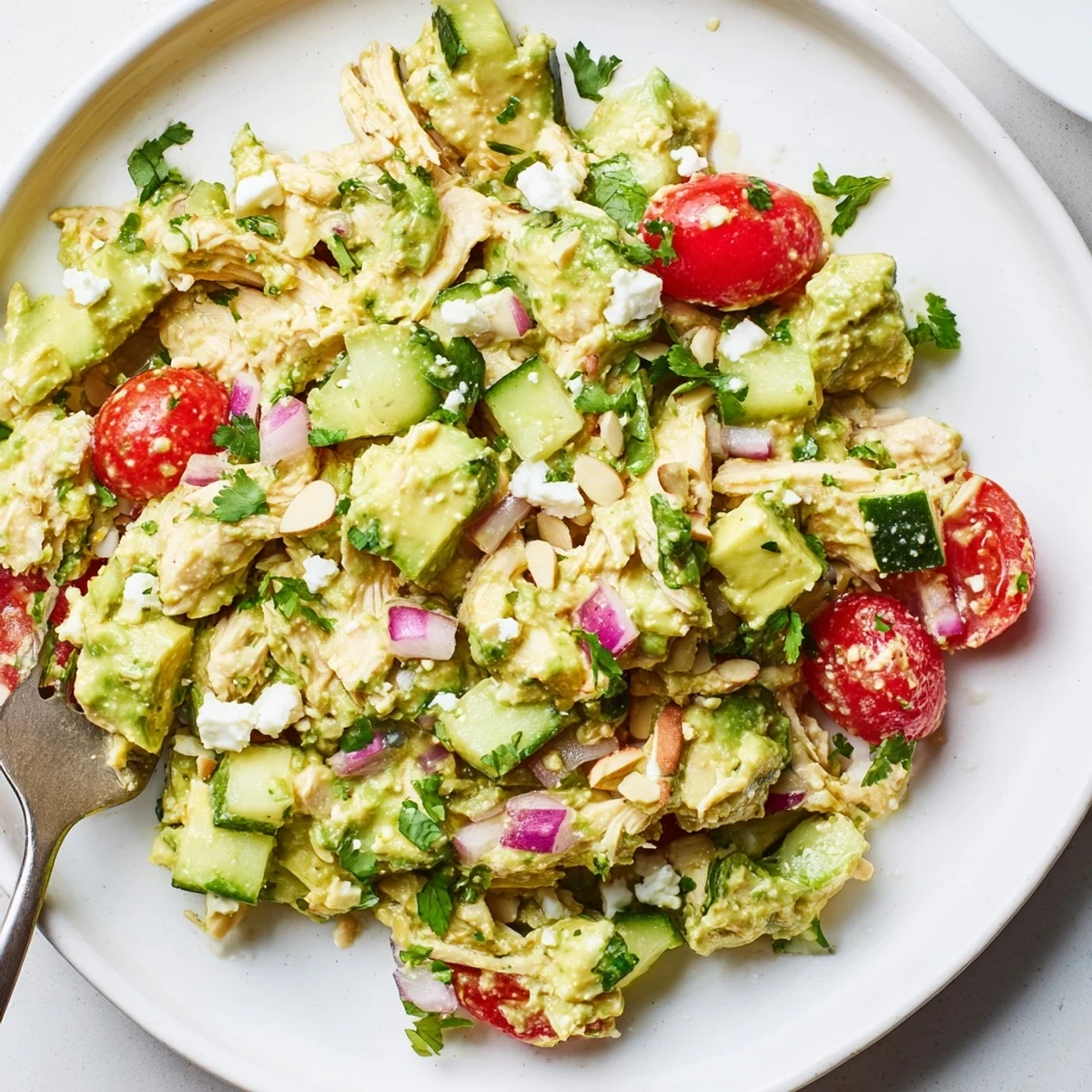 Chilled Avocado Chicken Salad tossed with feta and toasted almonds, picnic-ready.