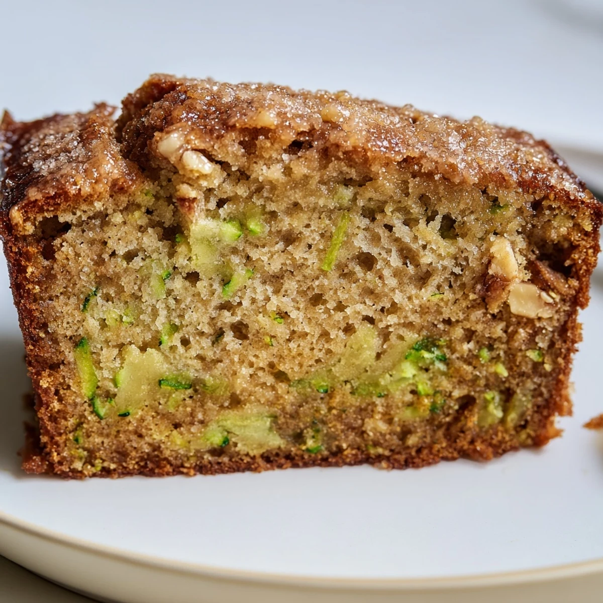 Moist Zucchini Banana Bread sliced on wire rack, warm steam rising