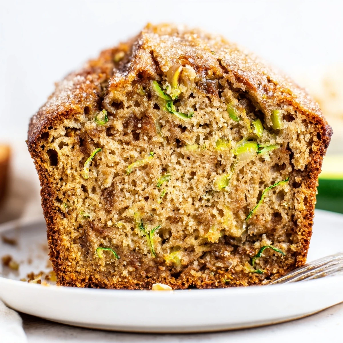 Slice of Zucchini Banana Bread served with steaming coffee for breakfast