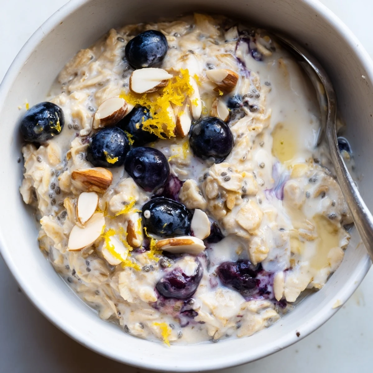 Creamy Blueberry Lemon Overnight Oats chilled in jars, perfect grab and go breakfast.