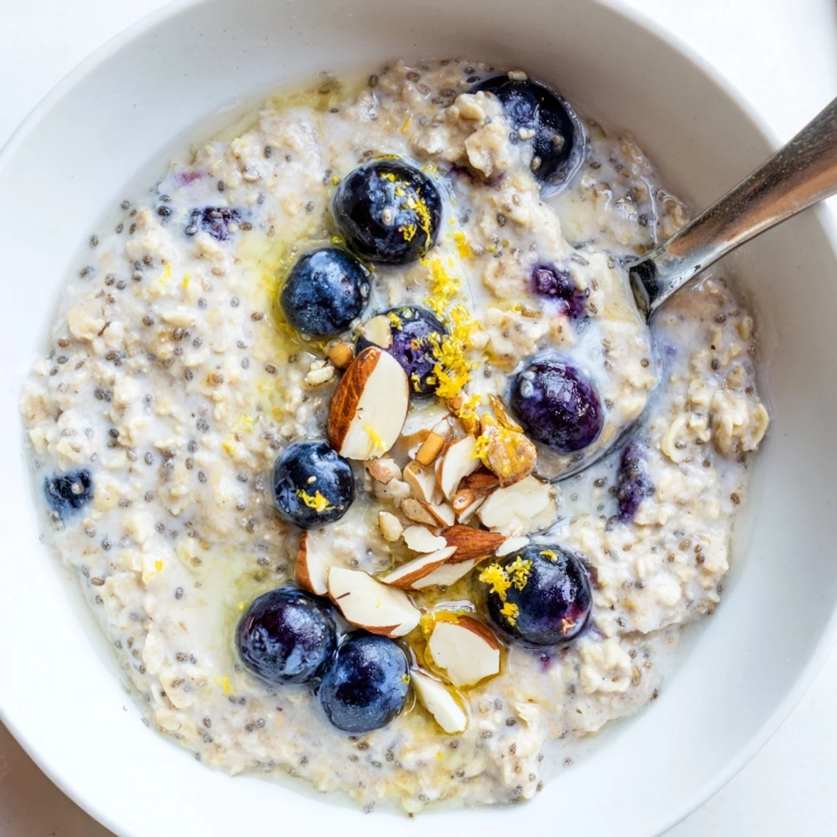 Spoon ready Blueberry Lemon Overnight Oats bursting with juicy blueberries and citrus.