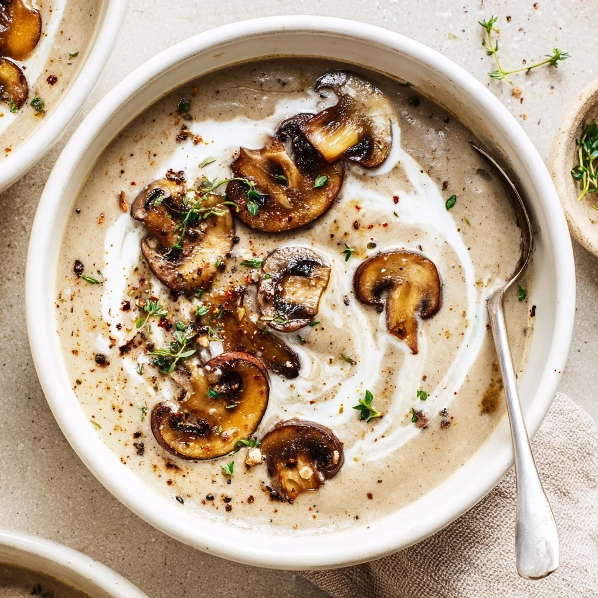 Creamy mushroom soup steaming in bowl, earthy aroma, garnished with parsley