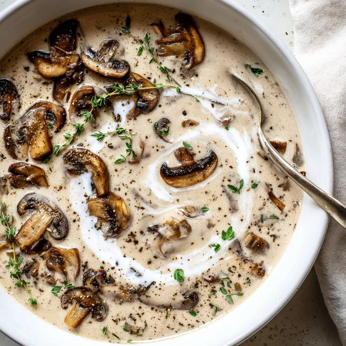 Warm mushroom soup with browned mushrooms, silky cream, served with crusty bread