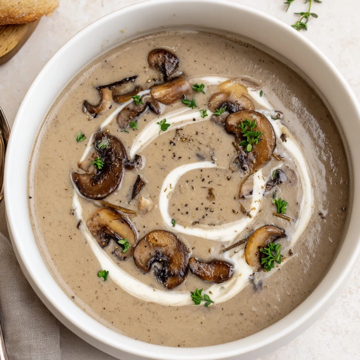 Velvety mushroom soup ladled from pot, thyme-scented and ready to enjoy