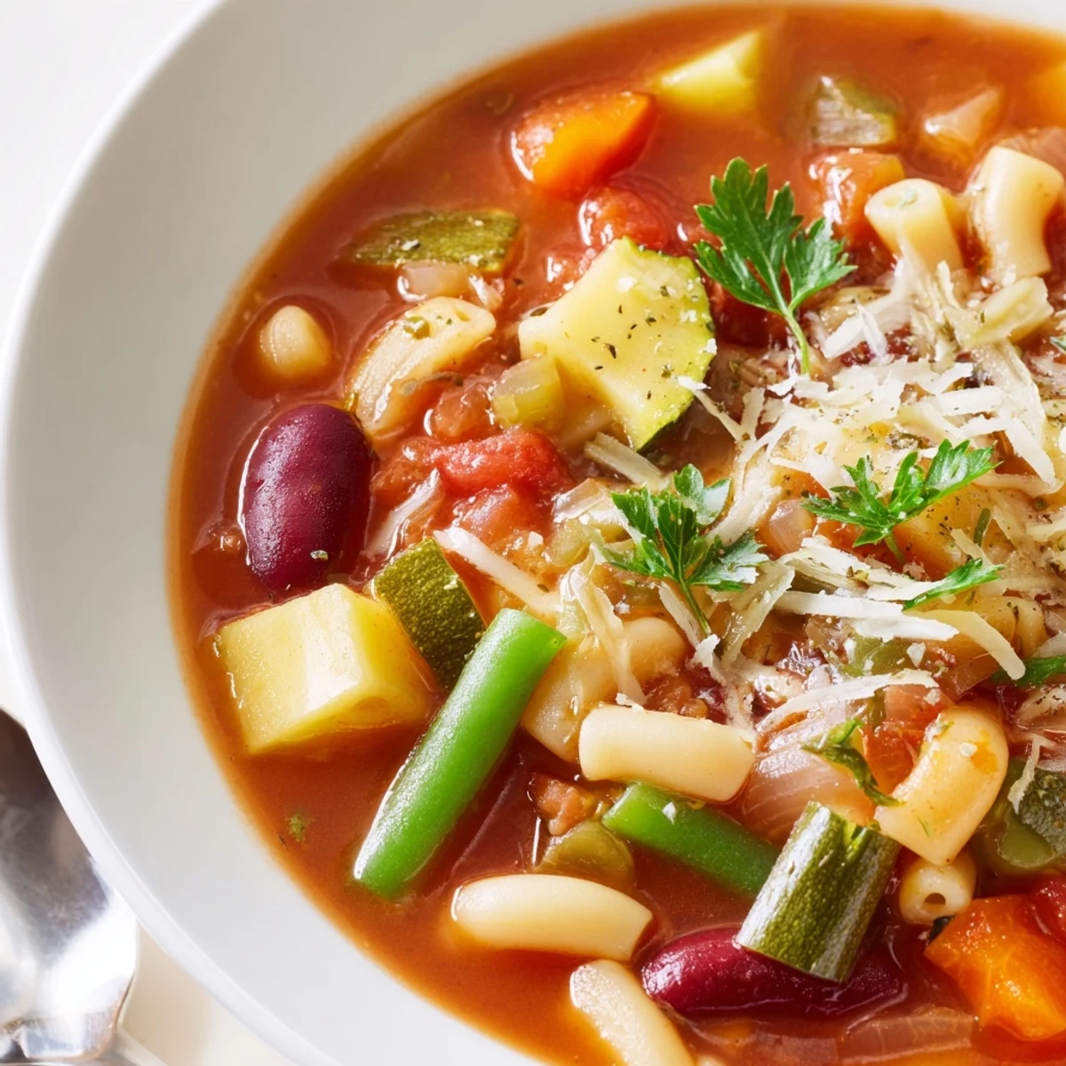 Minestrone Soup steaming in bowl, chunky vegetables, beans, and pasta
